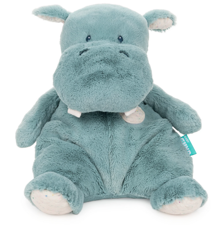 The Oh So Snuggly Hippo is a super-soft, modern take on a classic plush hippopotamus with a soothing blue-green aquamarine color. It also features embroidered facial details and quilted accents with textures made to feel just like a soft security blanket. 