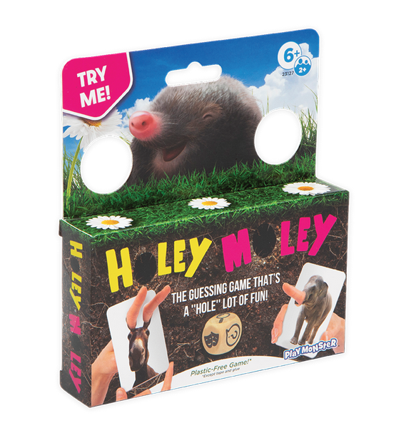 Holey Moley game box. The top of the box has a picture of a mole with holes where it's front paws would be, so you can try out the game. Thre bottom of the box has pictures of a donkey and an elephant. there are fingers through the holes in the cards to show how the game is played. 