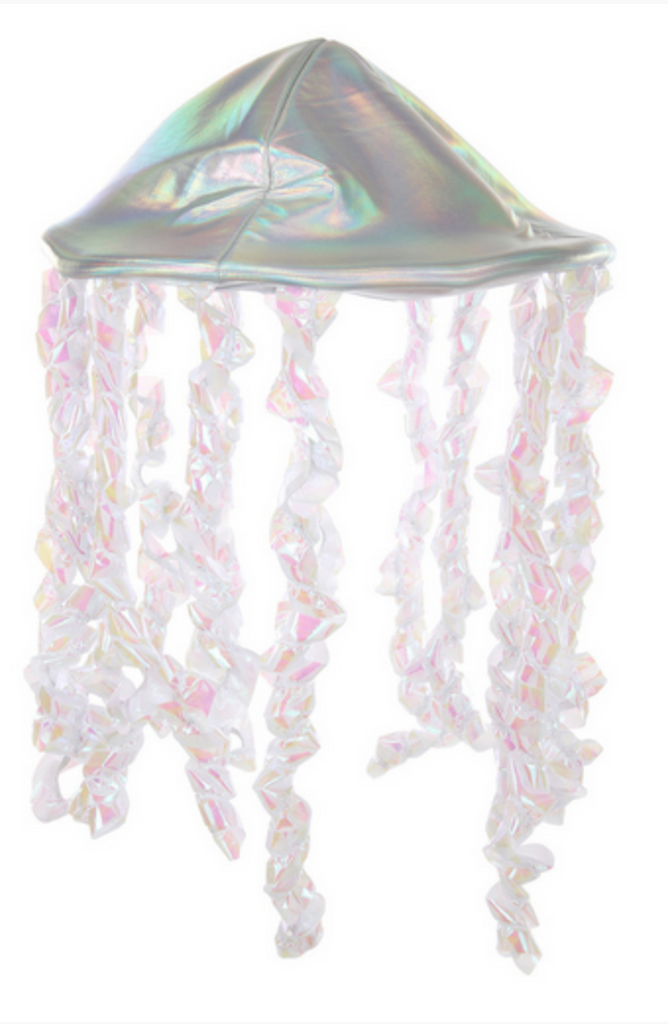 The Holographic Jellyfish Plush Hat is a foam disk is covered in a stunning iridescent fabric that shimmers and shines, with iridescent tentacles hanging from the edge of foam disk.