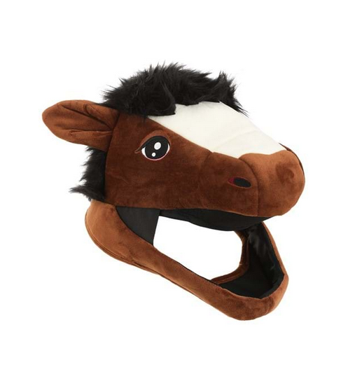 Horse Jawesome Hat! The stuffed accessory fits over your head and is made of super-soft velour. Its lower jaw hangs open and leaves a space for your entire face. It also has dark brown faux fur, embroidered eyes, and stuffed ears, pictured here being worn by an adult. 