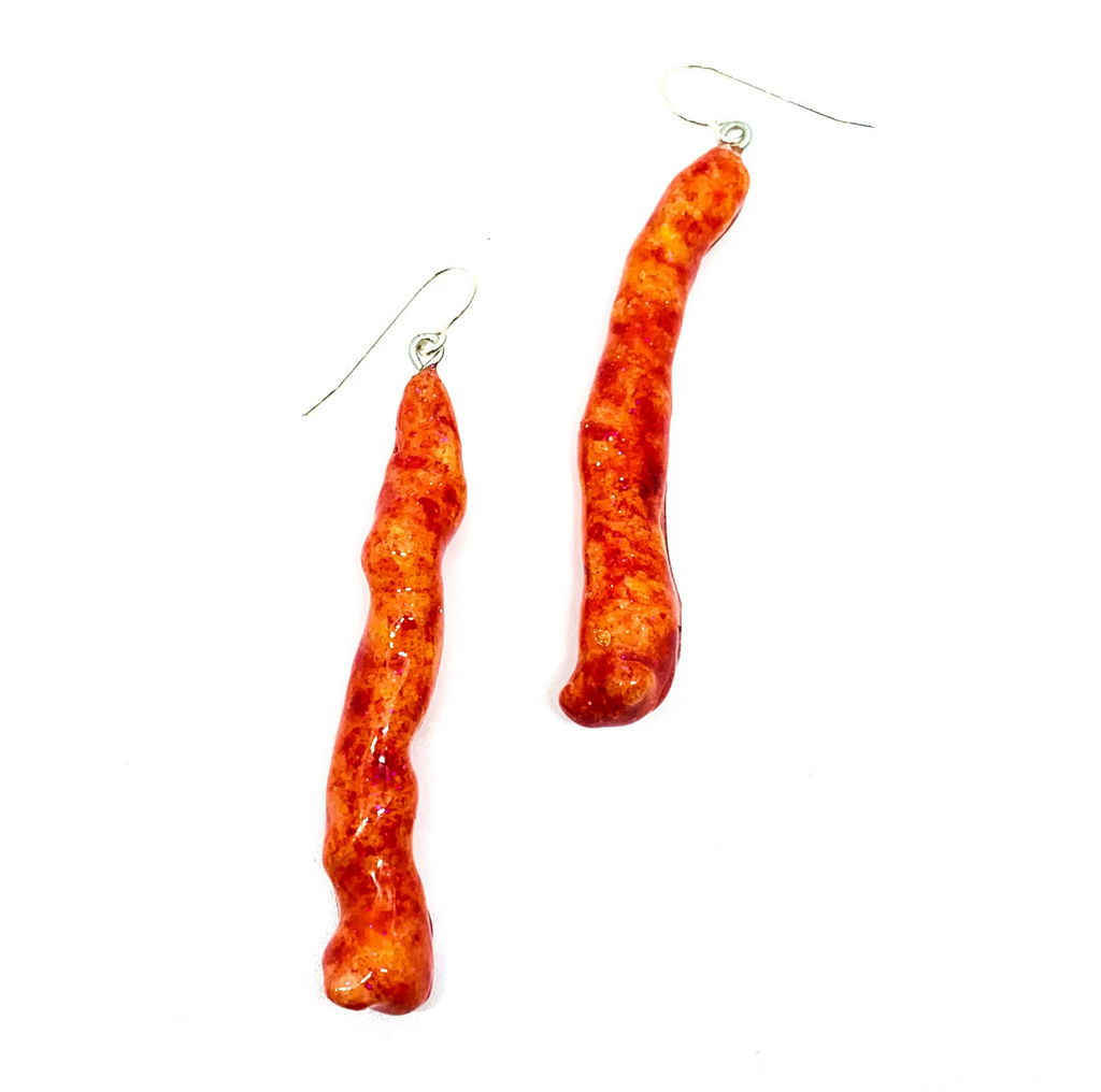 Real Hot Cheetos dipped in glittery resin hanging earrings.