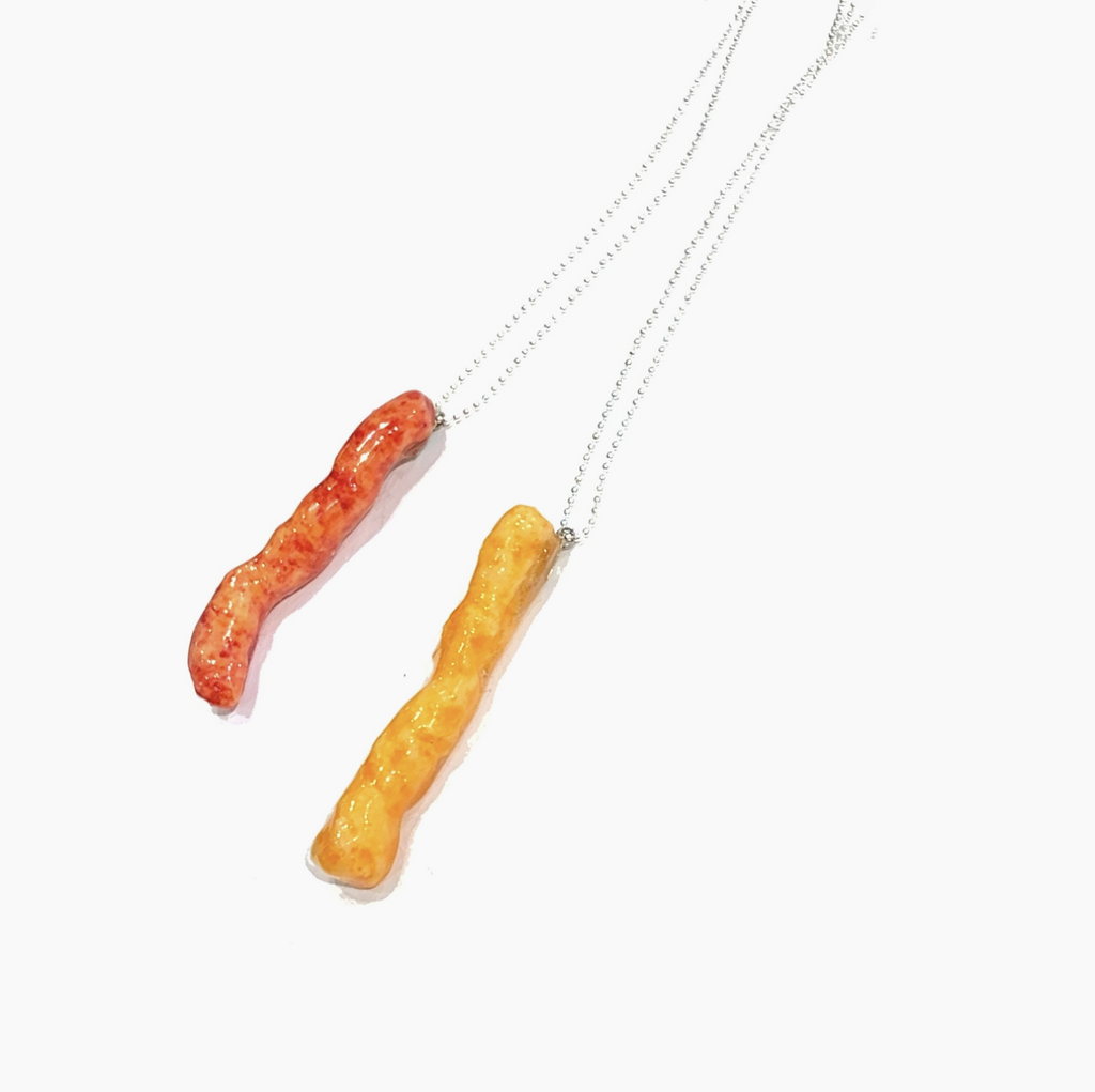 Real red hot cheeto and regular cheeto dipped in resin on silver bead necklaces.