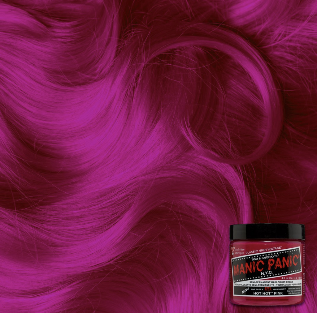 Swatch of neon pink hair colored with Manic Panic Hot Hot Pink hair color.