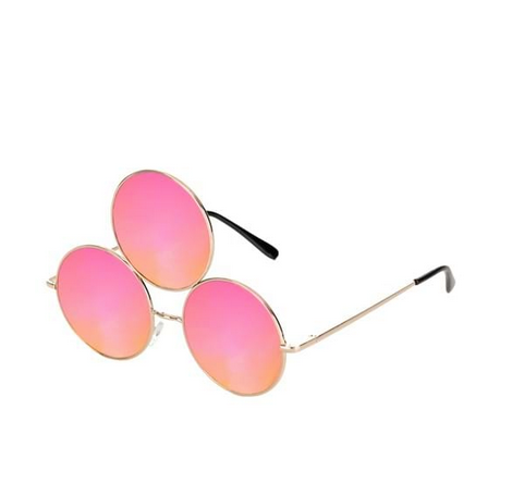 3rd Eye Hot Pink Glasses feature plastic lenses in gold tone wire frames with three circular lenses. The lenses have a smoky pink tint.