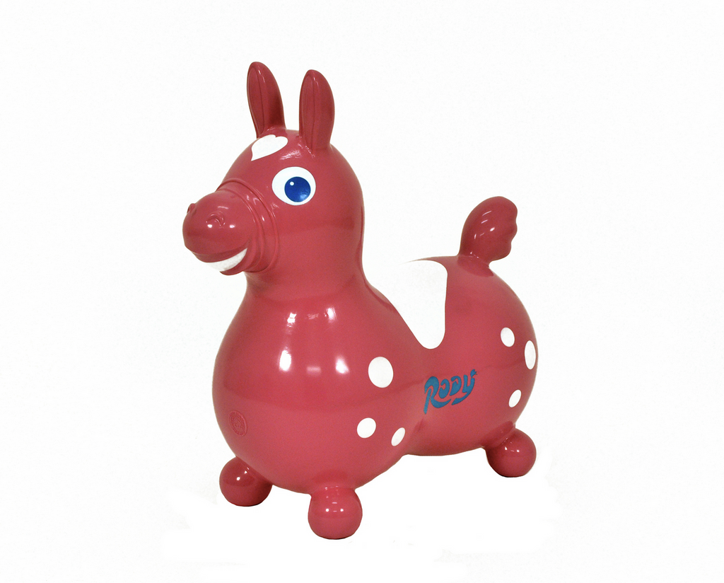 Hot Pink Rody horse sit on inflatable toy.