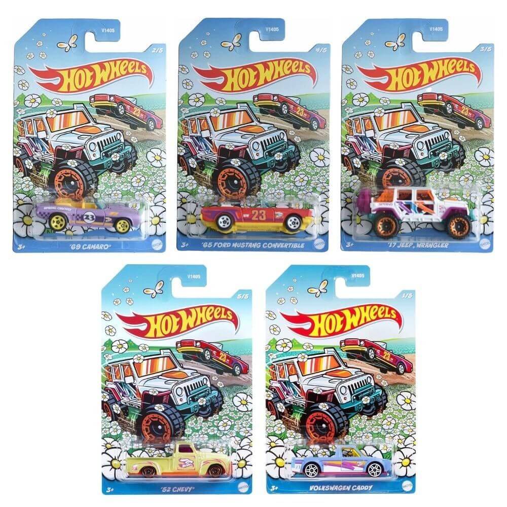CLose up view of several Hot Wheels vehicles included in this assortment. All are packaged on a hangcard with an illustration of cars driving through a field of blooming spring flowers. 