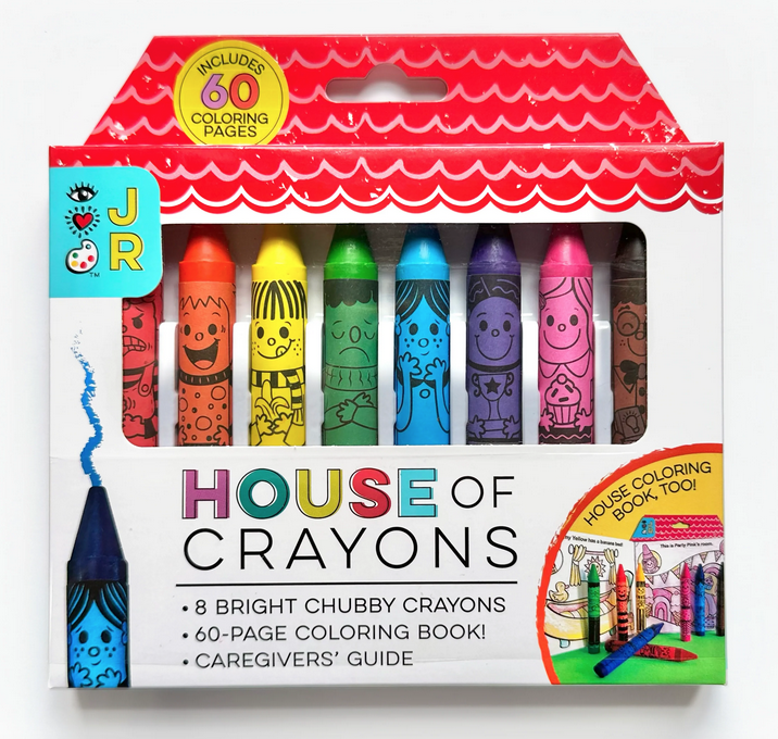House of Crayons box. 8 bright, chubby crayons each with their own personality. Coloring book included. 