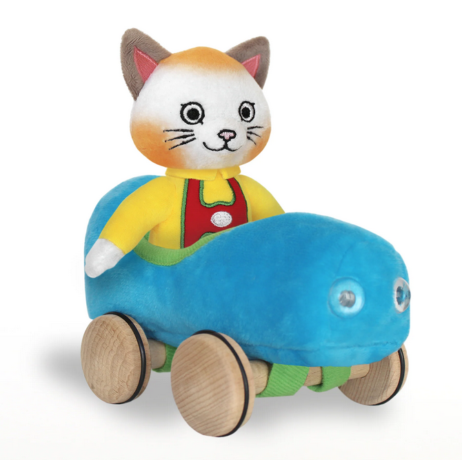 Huckle Cat Soft Toy is made of soft snow-white plush with orange accents and dressed in a bright yellow shirt, gray pants, and red suspenders. True to Scarry's original illustrations, Huckle Cat's eager embroidered face and perked-up ears. Huckle Cat Soft Toy sits comfortable in his soft blue plush go-cart with working wooden wheels, clear plastic headlights, and contrast interior. 