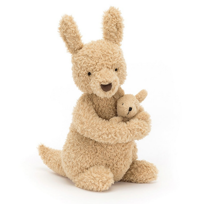 Fleecy fur kangaroo holding and hugging a baby roo. 