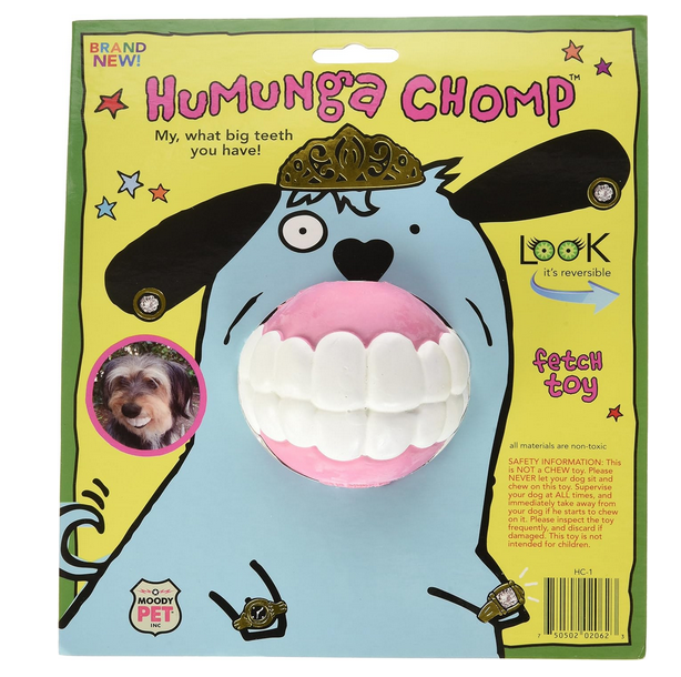 Humunga Chomp dog toy on a bright yellow hang card. 