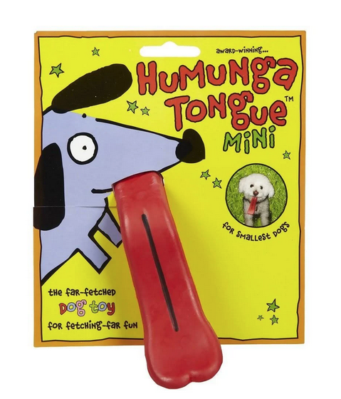 Humunga Tongue Mini Dog Toy on a bright yellow hang card. 