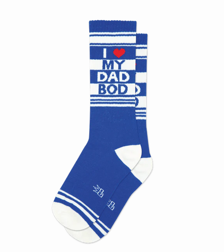 Super-comfy, unisex, one-size-fits-most, Gym Socks are made in the USA of cotton in royal blue, bleach white and red. They say " I Heart My Dad Bod".