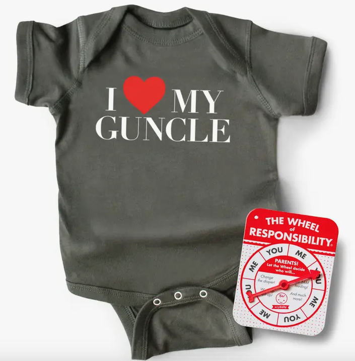 Grey baby onesie that reads " I Love my Guncle. 