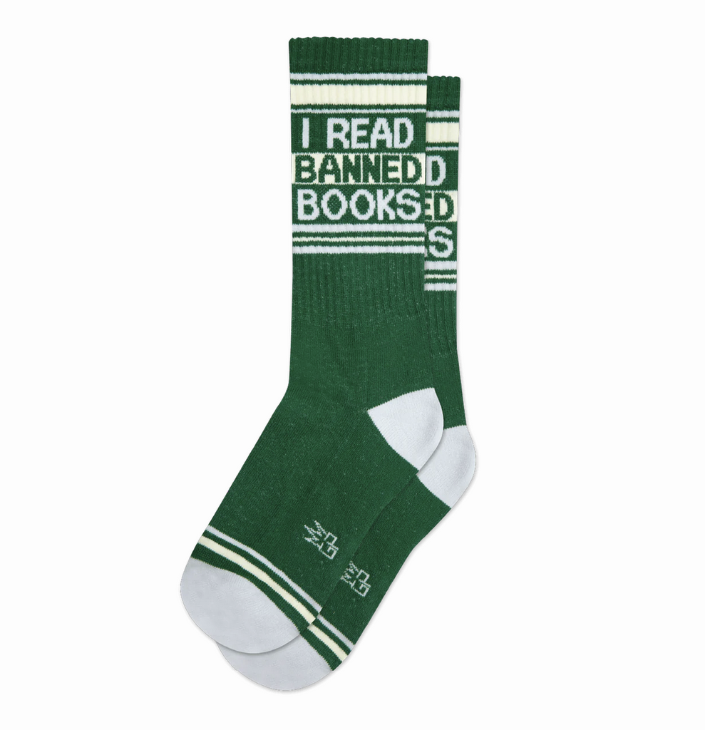 I read banned books socks. These super-comfy, unisex, one-size-fits-most, Gym Socks are made in the USA of EV Green Cotton with accents of Cream Nylon, Lt Grey Nylon. 