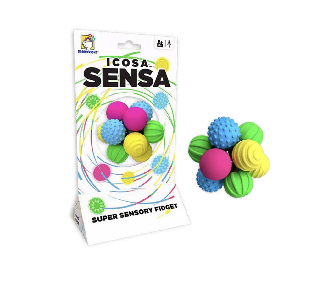 The Icosa Sensa in it's package with colorful graphics surrounding the puzzle ball with pink, yellow and green colored balls. 