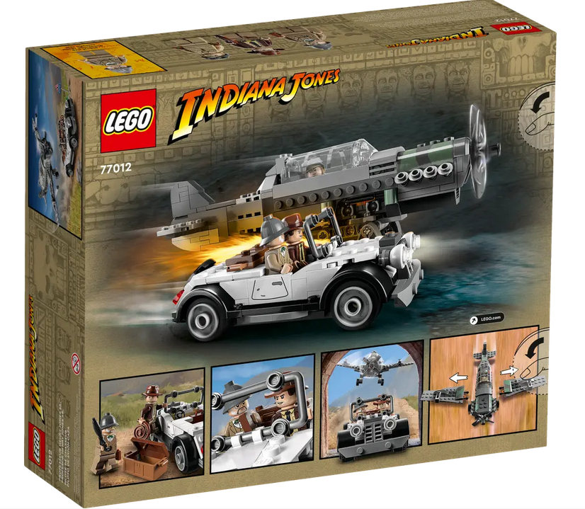 Lego Indiana Jones Fighter Plane Chase Back of Box. Shows Plane and Car in active chase scene. Wings are detachable from plane. Includes Indiana Jones, Professor Henry Jones Sr., and Fighter Pilot Mini Figures.