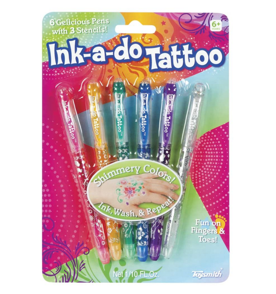 Six skin safe tattoo pens, and three sheets of stencils packaegd on a pink, green and blue multicolored hang card. 