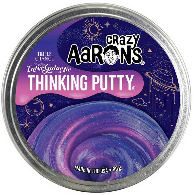 Intergalactic Thinking Putty tin, shows the glittery dark blue to pink putty. 