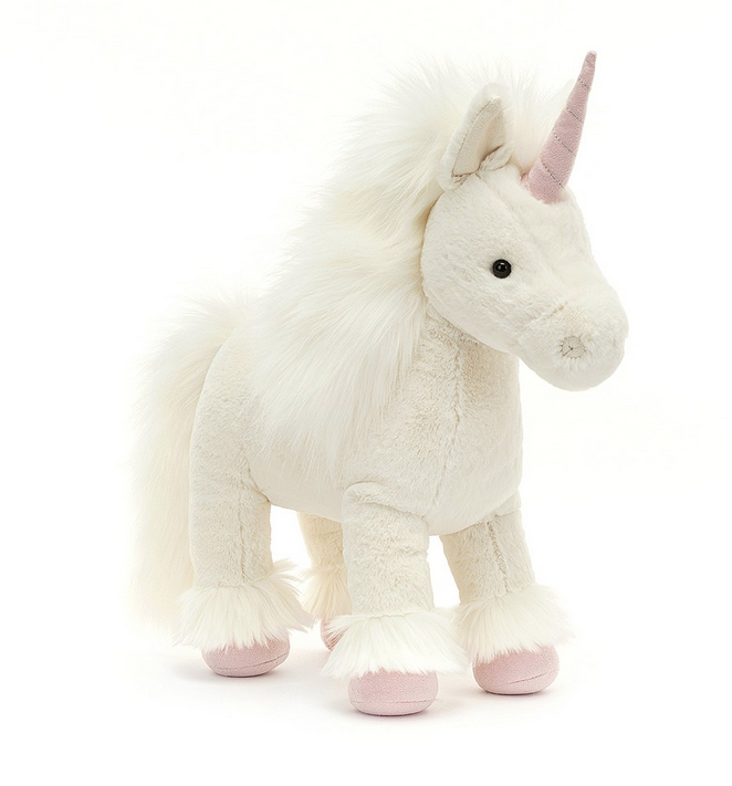  Isadora Unicorn has clotted-cream fur with a plume mane and tail, silky feather and a pink twist horn stitched with silver thread.