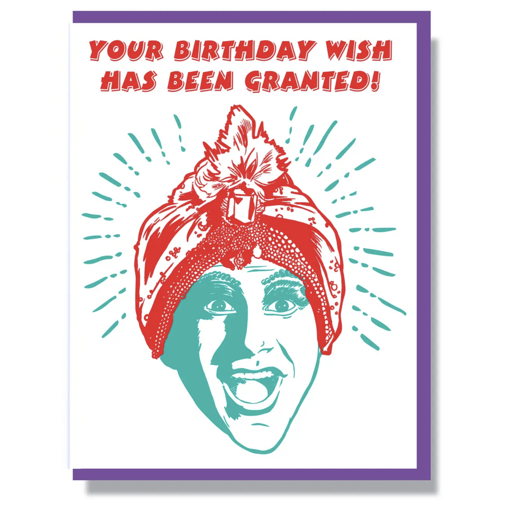 Illustration of Jambi from Pee-Wee's Playhouse that reads "Your Birthday Wish Has Been Granted"