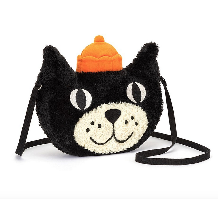 The Jellycat plush bag with Jellycat Jack's head with orange hat and a strap. 