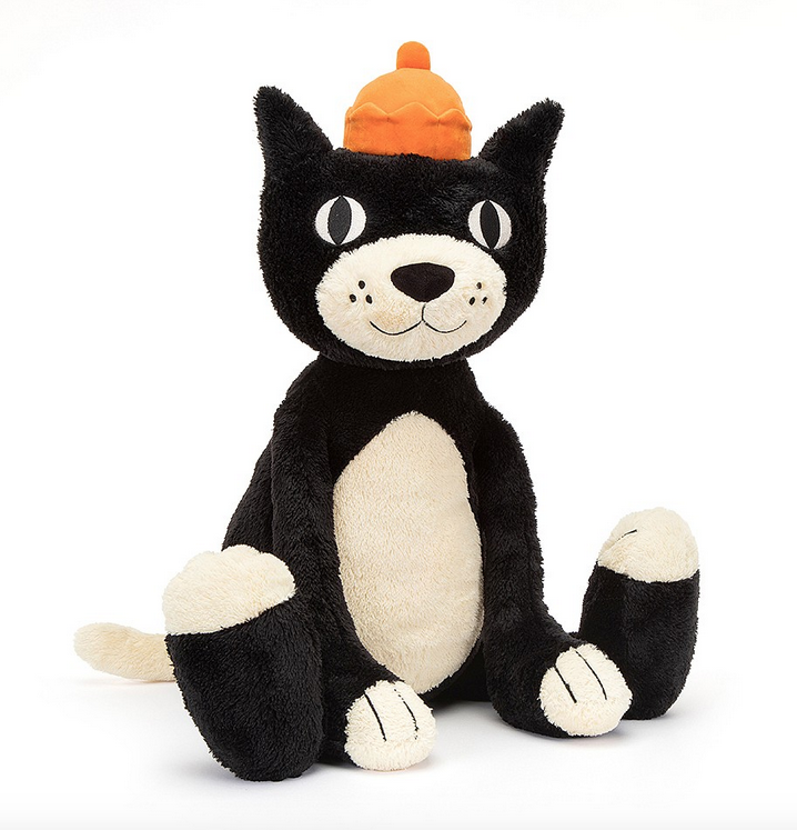 Jellycat Jack plush sitting up and facing forward with his super soft black fur and white belly. His signature orange hat atop his head. 