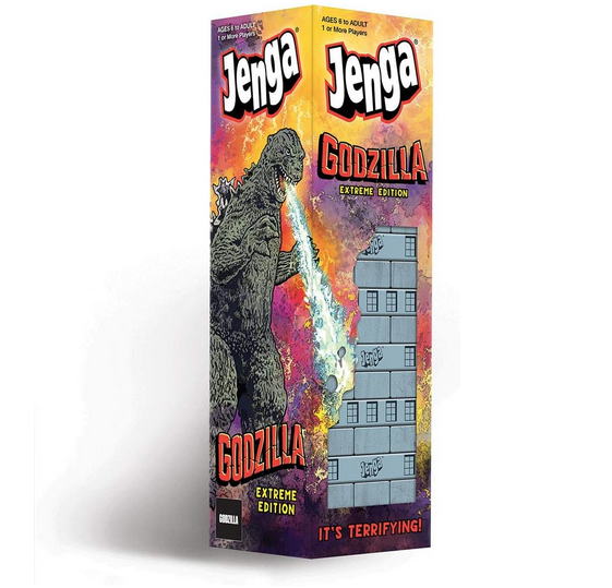 Collectible Jenga edition featuring classic kaiju monster Godzilla on a rampage to destroy the tower.