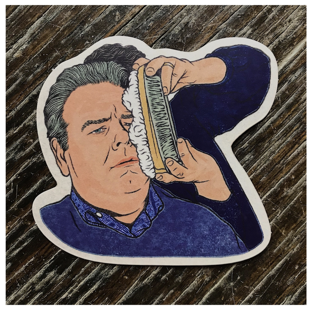 Sticker of Jerry Gergich from Parks & Rec getting hit in the face with a pie.