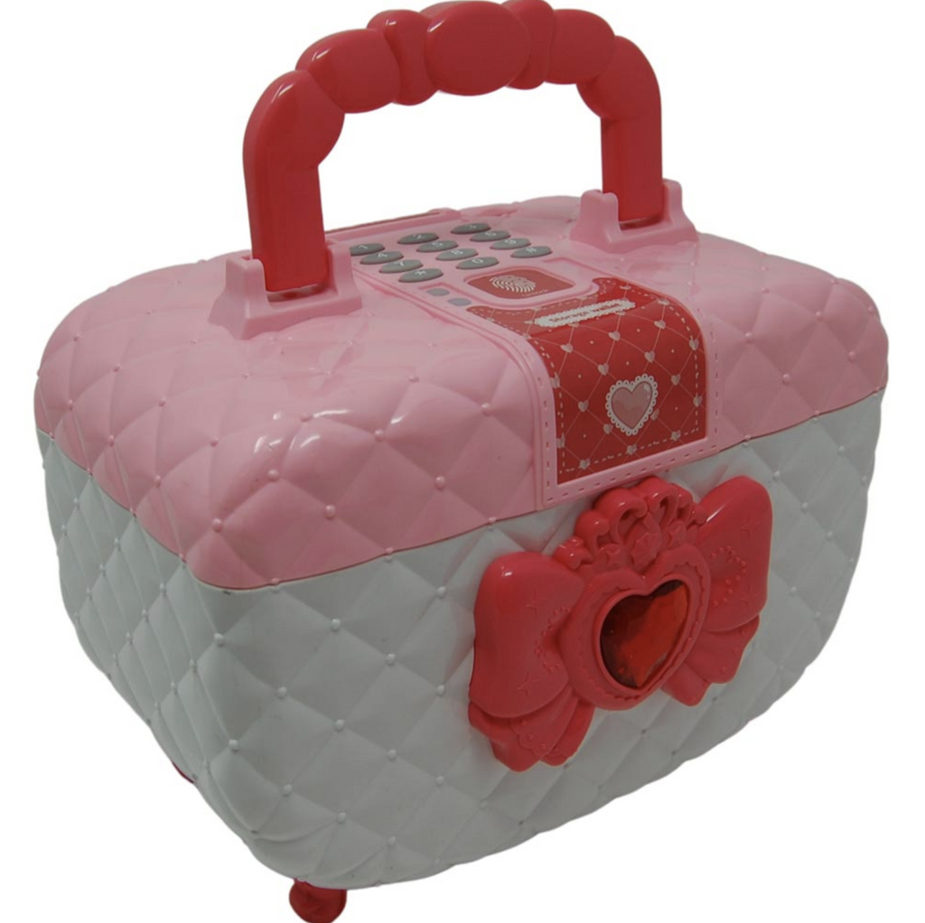 White and pink quilted plastic jewelry box safe with hanbdle and keypad on top.