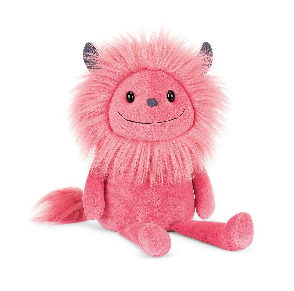 Pink smiling Jinx monster plush by Jellycat.