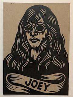 5x7 Inch Joey Ramone portrait Postcard. Hand printed on gray or brown chipboard card