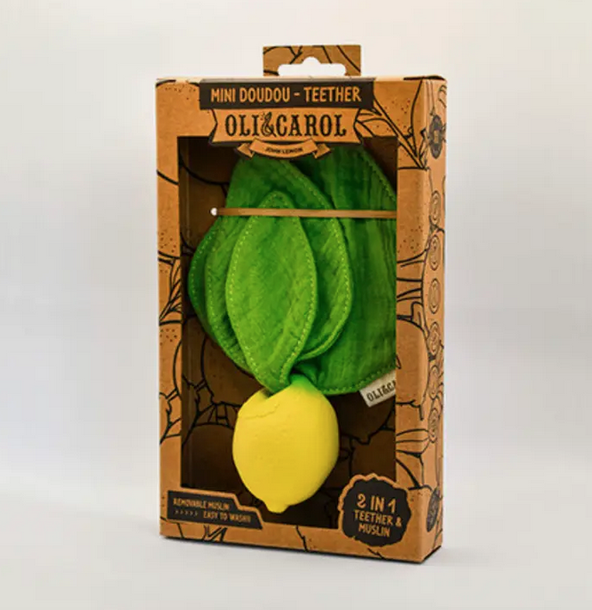 John Lemon mini doudou and teether packaged in a cardboard box. 