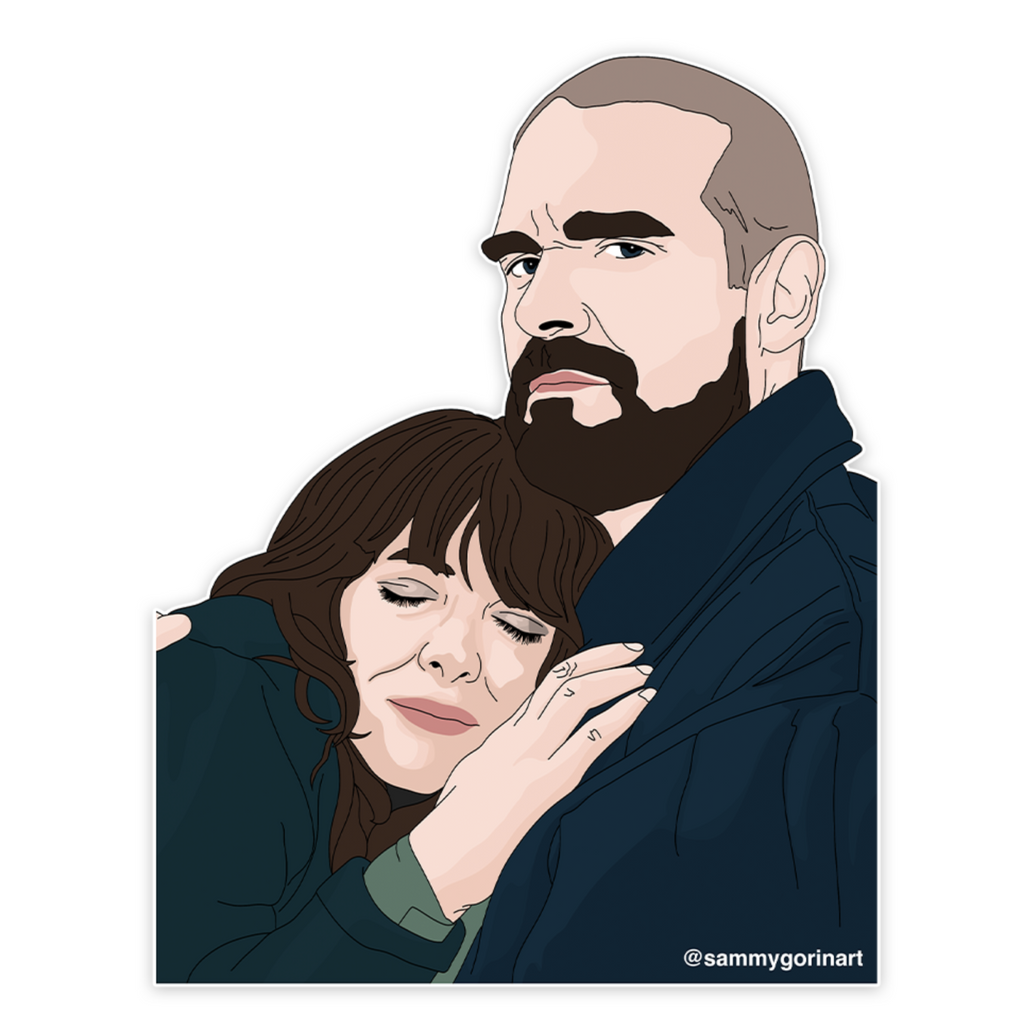 Joyce and Hopper from Stranger Things hugging sticker.