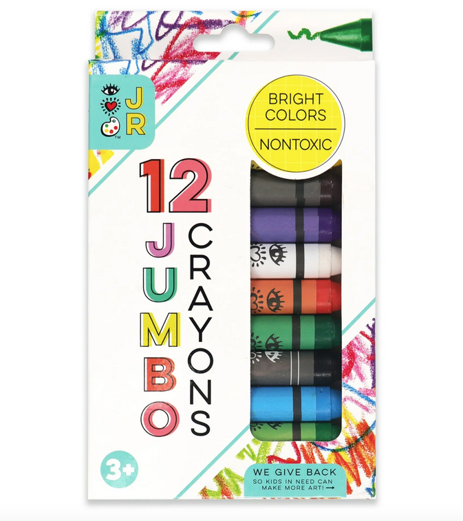 12 Jumbo Crayons bright colors in a white box, which has an opening so you can see the crayons. 