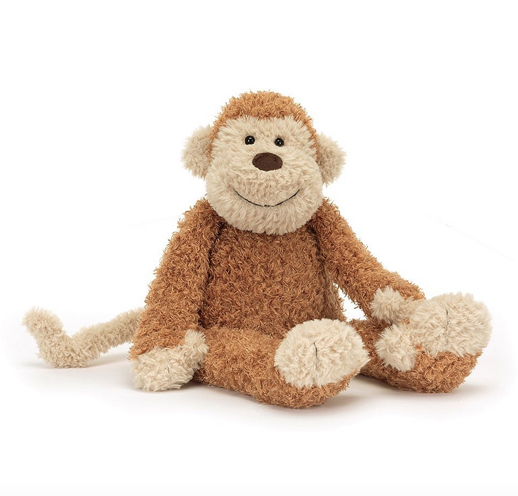 Junglie Monkey plush sitting up and facing forward with his scruffy tan fur and cream paws, tail, ears and face. 