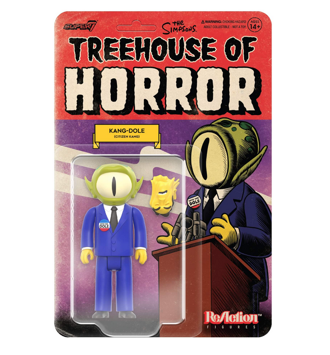 This 3.75" scale articulated Kang-Dole action figure comes with a rubber mask accessory and is packaged on a cardback featuring animation from the Treehouse of Horror episode. 
