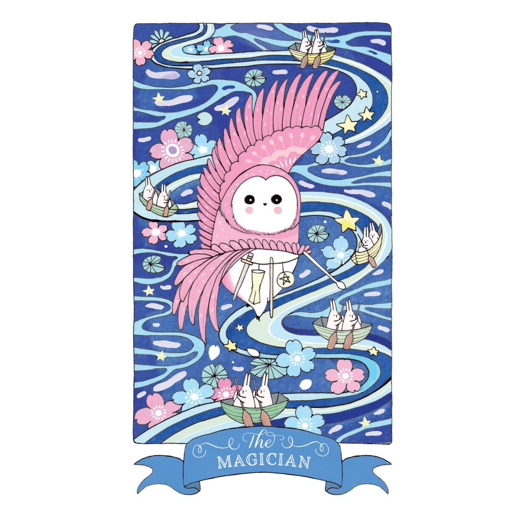 The Magician  Kawaii Tarot card features and pink owl, cherry blossoms, and little bunnies in boats.