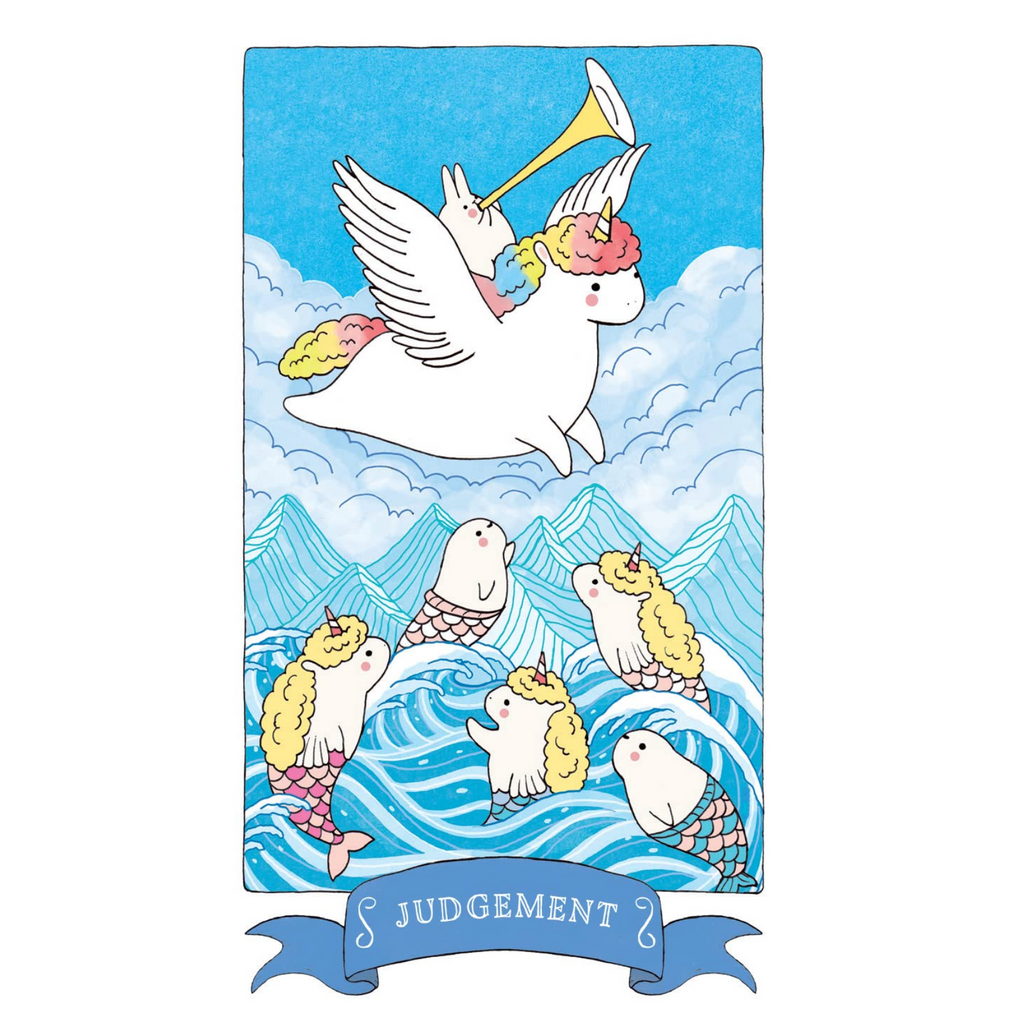 Judgement Kawaii tarot card features a bunny blowing a horn riding on the back of a white pegasus with a rainbow mane and tail flying over the water, full of narwhal mermaids.