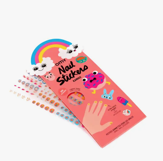 Kawaii Nail Stickers in a package with a colorful rainbow. The sheets of nail stickers feature very cute animals and yummy food with faces. The nail stickers are presented on clear sheets in repeating rows. 