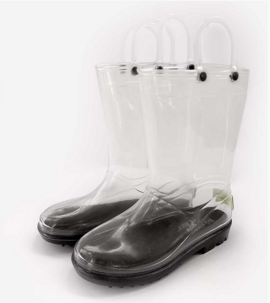 Pair of clear kid's rainboots with black soles on a white background.