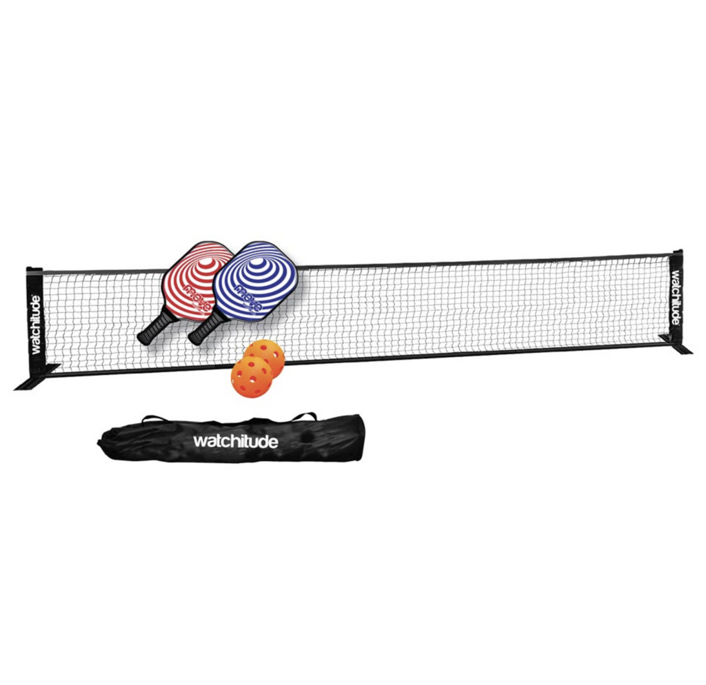 Kids Pickleball set includes a big stand alone net, 2 oversized pickleball paddles, 2 light weight balls, and a carrying case.