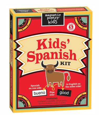 Kids Spanish Magnetic Poetry Kit. The box is red with a bull illustration and word magnets in Spanish in English.