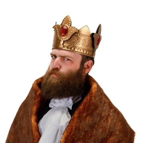 The King Crown has a gold finish exterior, soft fabric interior and is adorned with 3 large faux jewels