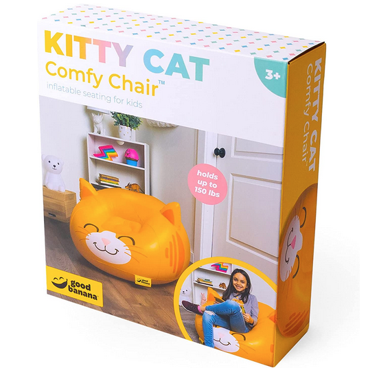 Kitty Cat Comfy Chair inflatable seating for kids in a box. Holds up to 150 pounds. Ages 3 and up.