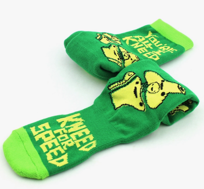 Bright green and yellow knee socks with knee joints and "Kneed For Speed" on the toe and "You're All I Kneed" on the back.