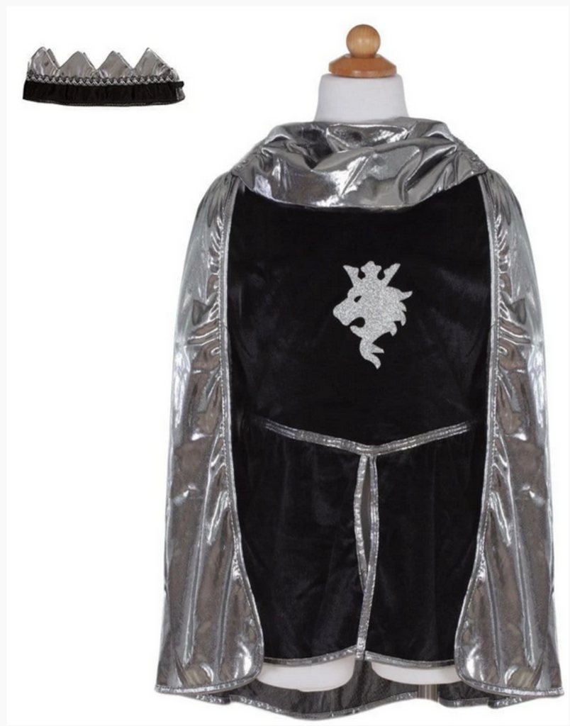 Black and silver knight dress up tunic with silver cape and black and silver soft crown.