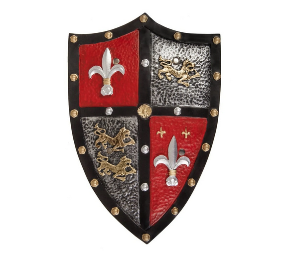Pretend play silver and red foam knight shield.