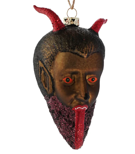 The Krampus ornament with sparkling horns, a long glittered tongue, glittery beard and red piercing eyes. 
