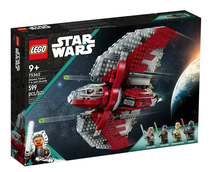 Box containing LEGO Ahsoka Tano’s T-6 Jedi Shuttle. Featuring picture of completed model and included minifigures. 