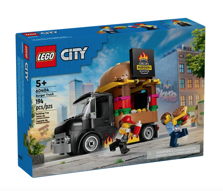 The box containing the LEGO Burger Truck set. It pictures the completed set and the two minifigures that come with the set. 